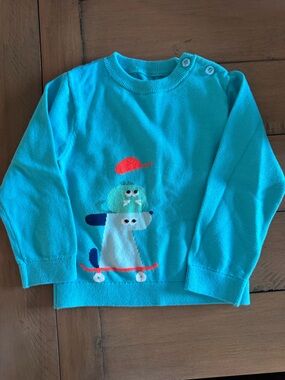 Jacadi Aquamarine Knit Sweater with Skateboarding Pup Graphic